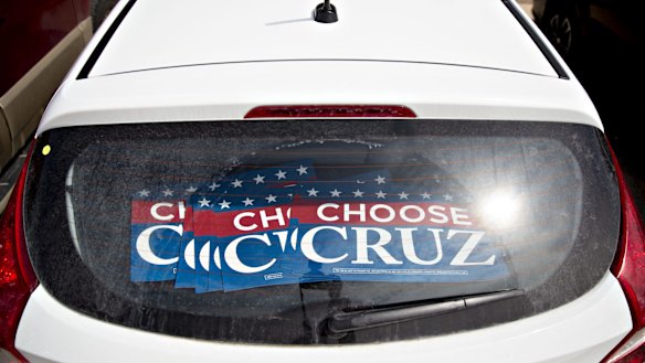 Campaign signs in the back of a vehicle outside a campaign office for Senator Ted Cruz in Waukesha, Wisconsin, on Tuesday.