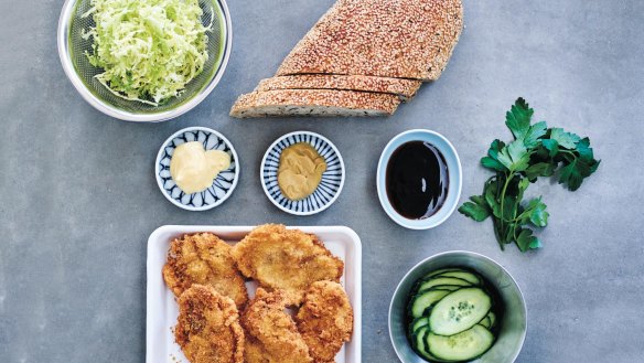 The ingredients for katsu sandwich with pickled fennel and cucumber. 