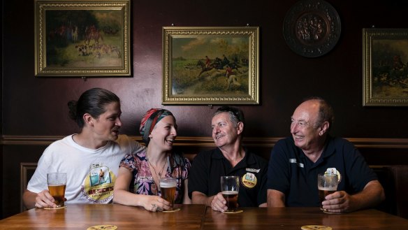 RAS members (L-R) Jim Barker, Jamie Lee-Garner, Mark Sullivan and John Watkins enjoy a Resch's at the Shakespeare Hotel in Surry Hills.