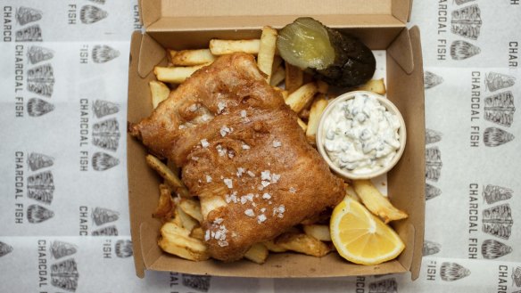 Fish, in a hyper-crisp batter, and chips at Charcoal Fish.