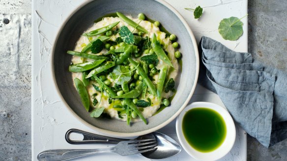 Mint oil and nasturtium leaves enliven a risotto, perfect for spring.