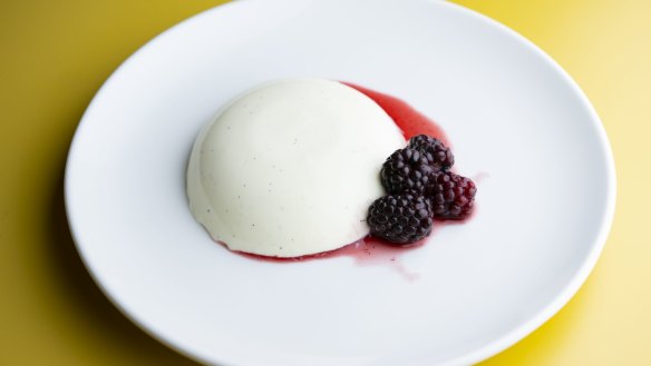 Fig leaf pannacotta with mulberries. 