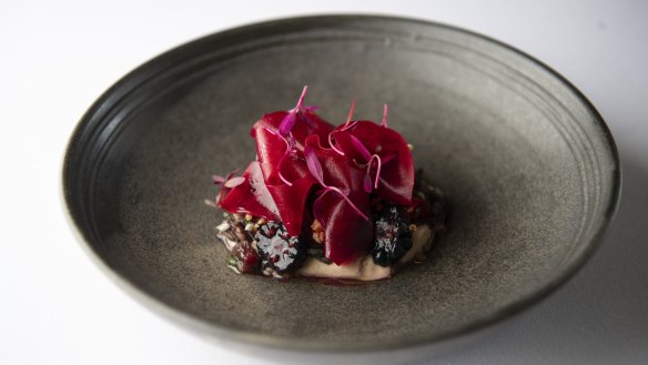 Lightly cured kangaroo, beetroot, mulberries and juniper. 