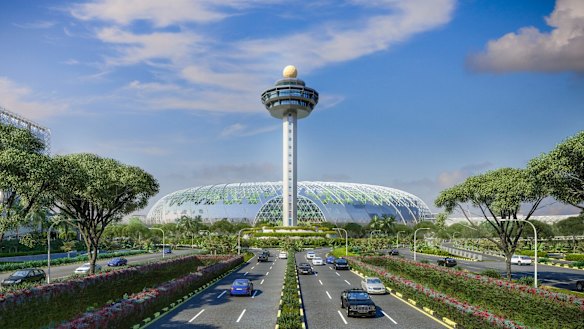 View from Airport Boulevard: The new landscape view for passengers and visitors driving to Changi Airport.