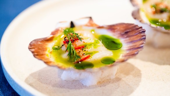 Scallop crudo with green juice and Korean chilli.