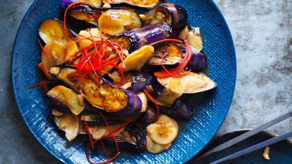 Kylie Kwong's stir-fried eggplant with red chillies and ginger.