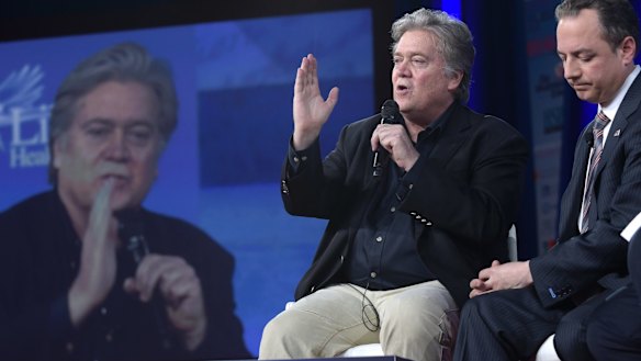 Stephen Bannon, left, with White House Chief of Staff Reince Priebus, at the conference.