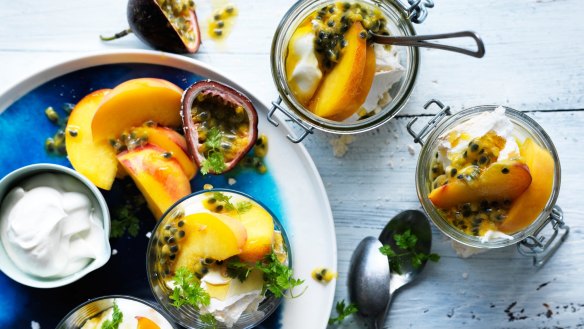 Adam Liaw's peach and passionfruit pavlova pots <a href="http://www.goodfood.com.au/recipes/dessert-recipes-adam-liaws-peach-and-passionfruit-pavlova-pots-20170123-gtwvsr"><b>(Recipe here).</b></a>