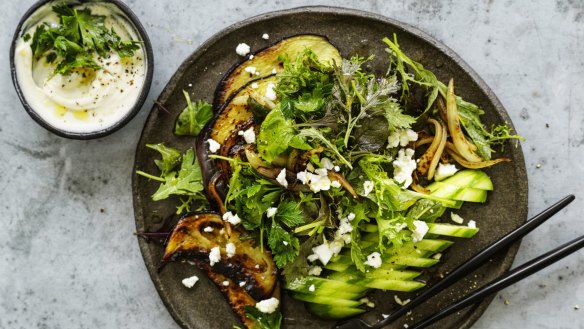 Fried eggplant and cucumber salad with sesame dressing.