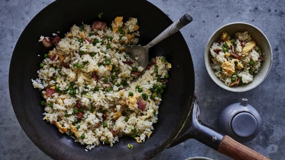 Bacon, egg and pea fried rice.