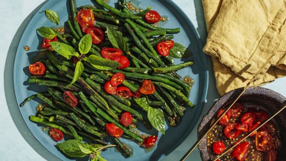 Grilled snake bean and basil salad.