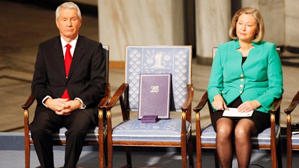 An empty chair with the Nobel Peace prize and diploma for Liu Xiaobo is seen during a ceremony honouring Liu at city hall in Oslo, Norway, in 2008. 
