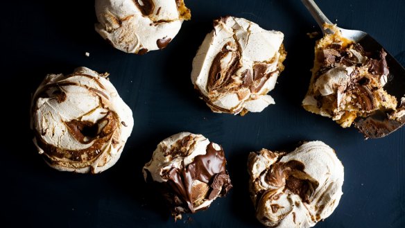 Vegan-friendly chocolate ripple meringues made with aquafaba.