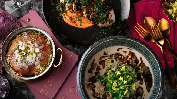 From left: Babylon's free-range duck pie, wood-fired cabbage kebab, and 12-hour braised lamb neck. 