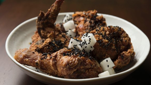 Shrimp-brined fried chicken, soy and syrup.