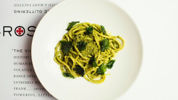 Spaghettoni in a stinging nettle puree is lush and mossy.