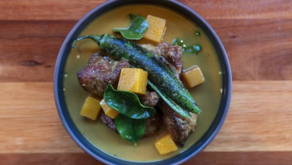 Duck leg with sour curry and pumpkin. 
