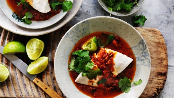 Steamed blue-eye trevalla with tomato curry.