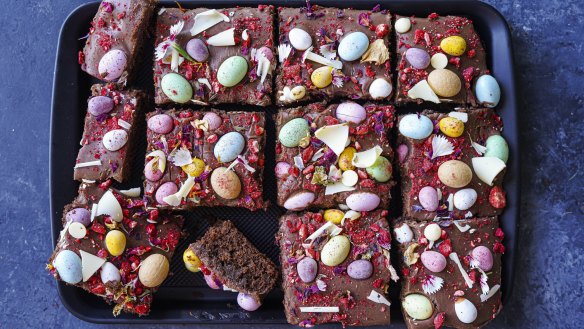 Old-school slab cake with milk chocolate ganache and Easter eggs. 