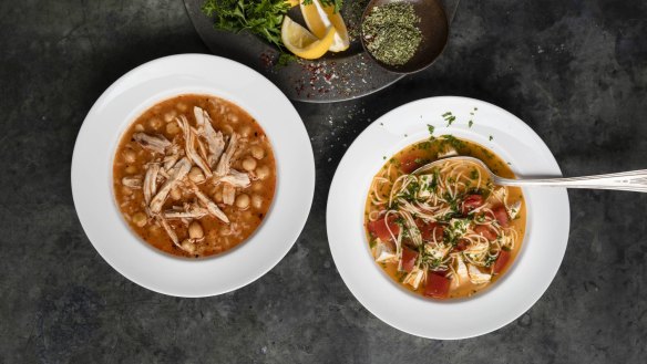 Terbiyeli pirincli tavuk corbasi (left) and sehriye corbasi are simple Turkish soups.