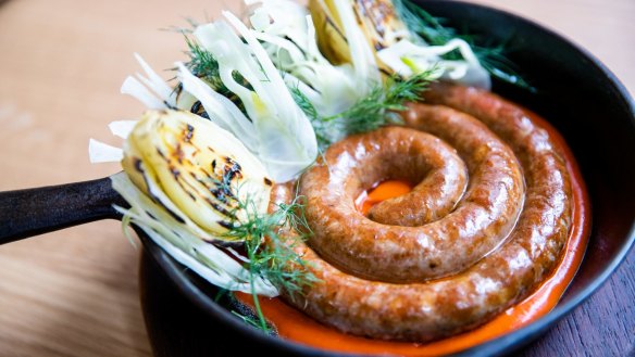 Merguez sausage with roasted fennel and harissa. 