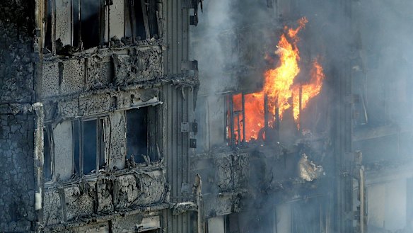 The burning Grenfell Tower in London.
