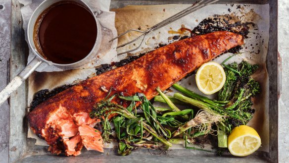 Soy mirin glazed salmon with broccolini and spring onions.