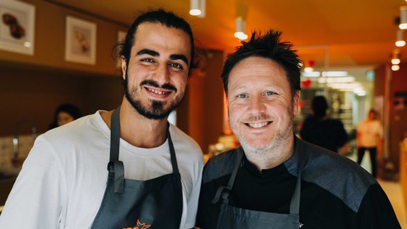 Darren Purchese (right) has collaborated with asylum seeker Hamed Allahyari on his rhubarb, raspberry and apple crumble with ginger ice-cream.