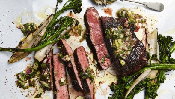 Perfect feast: Flat iron steak with greens and charred herb salsa.