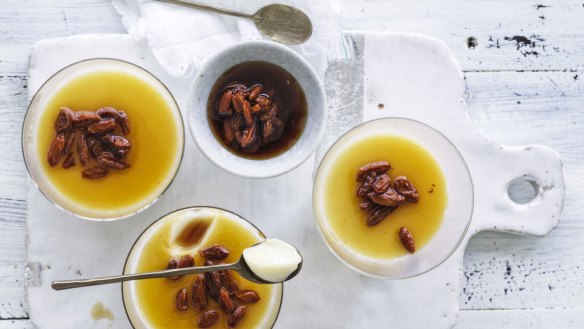 Almond tofu with goji tea syrup.