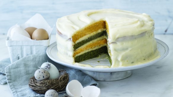 Two-tone Easter cake with cream cheese icing.