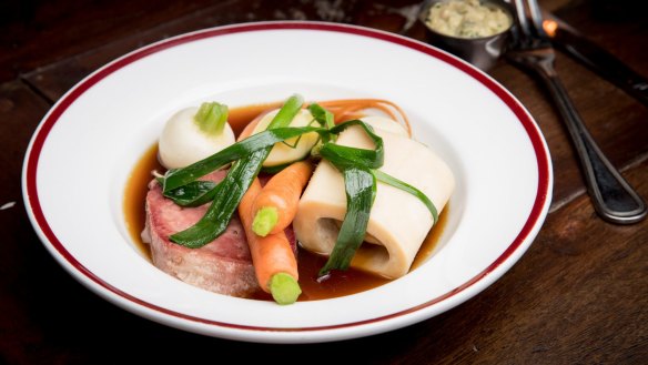 Pot au feu with veal tongue and bone marrow.