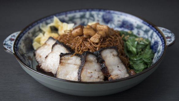 Egg noodles with prawn wontons, char siu pork and gai laan.