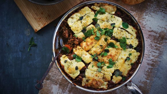Sausage stew covered with squeaky haloumi cheese.