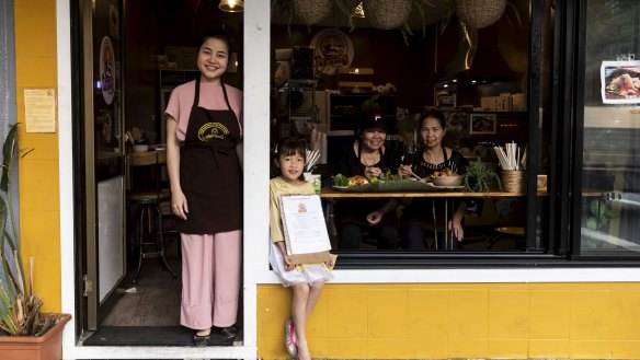 Owner of Banh Cuon Ba Oanh, Minh Thuy Nguyen with her daughter My Nguyen, aunt Ba Linh (seated left) and mother Ba Oanh at their restaurant in Marrickville.