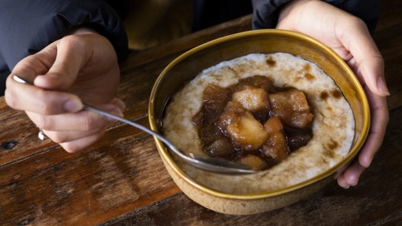 Porridge with stewed apples and brown sugar at Gypsy Espresso, Potts Point.