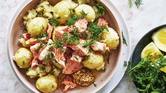 Boiled new potatoes with salmon and dill.