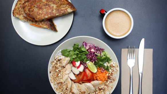 Rainbow chicken bowl, kim cheese toastie and bulletproof coffee.