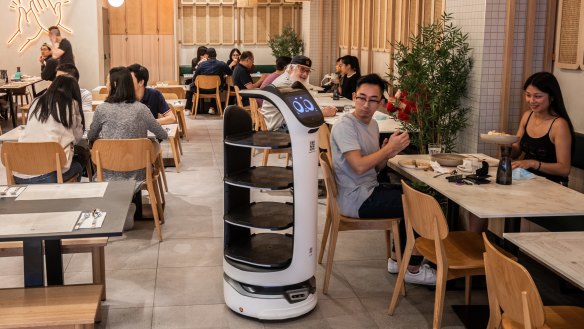Kata Kita's cat-faced robot delivers plates to tables.
