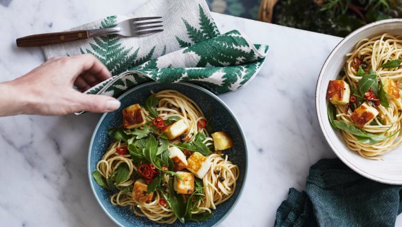 Spaghetti with cubed haloumi.