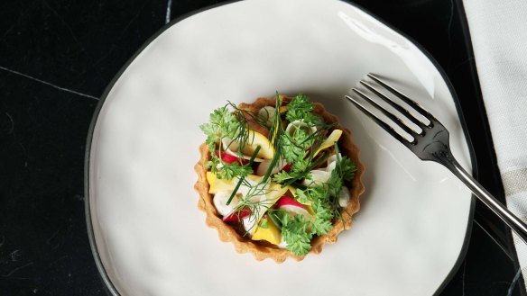 Seasonal vegetable tart, wattleseed curd and white balsamic.