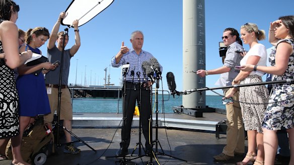 Prime Minister Malcolm Turnbull speaks to the media after stepping off an Australian Border Force patrol boat.
