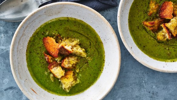 Zucchini and basil soup with garlic, thyme and parmesan croutons.