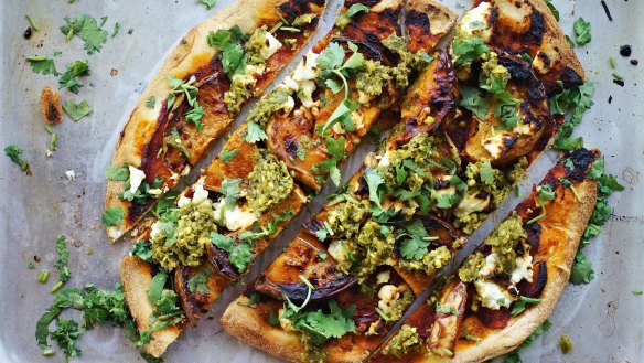 Roast pumpkin, goat's curd and zhoug pizza.