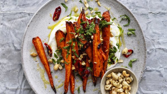 Adam Liaw's chilli-roasted carrots (no need to peel!) are served on a bed of yoghurt (