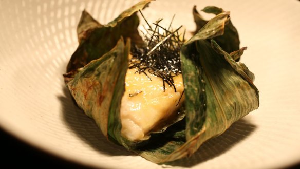 Patagonian toothfish baked in banana leaves with miso butter at Sake.