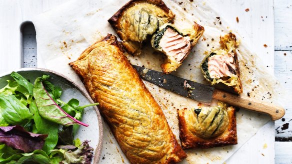 Salmon and creamed spinach en croute.