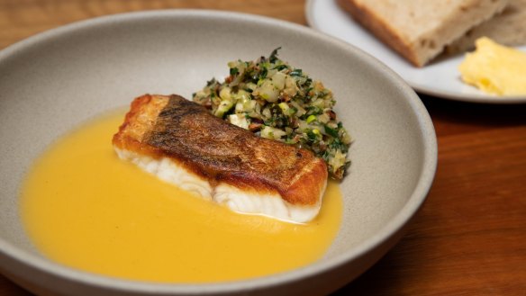 Murray cod, sugarloaf cabbage, zucchini and hazelnut salad.