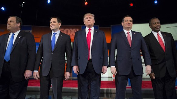 Republican presidential candidates, from left, New Jersey Governor Chris Christie, Senator Marco Rubio, Donald Trump, Senator Ted Cruz and retired neurosurgeon Ben Carson.