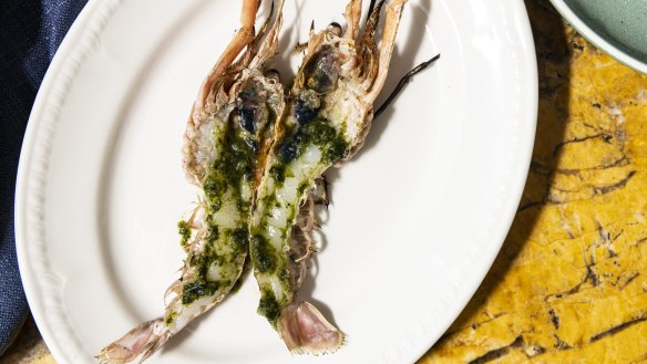 Grilled scampi with betel leaf paste.